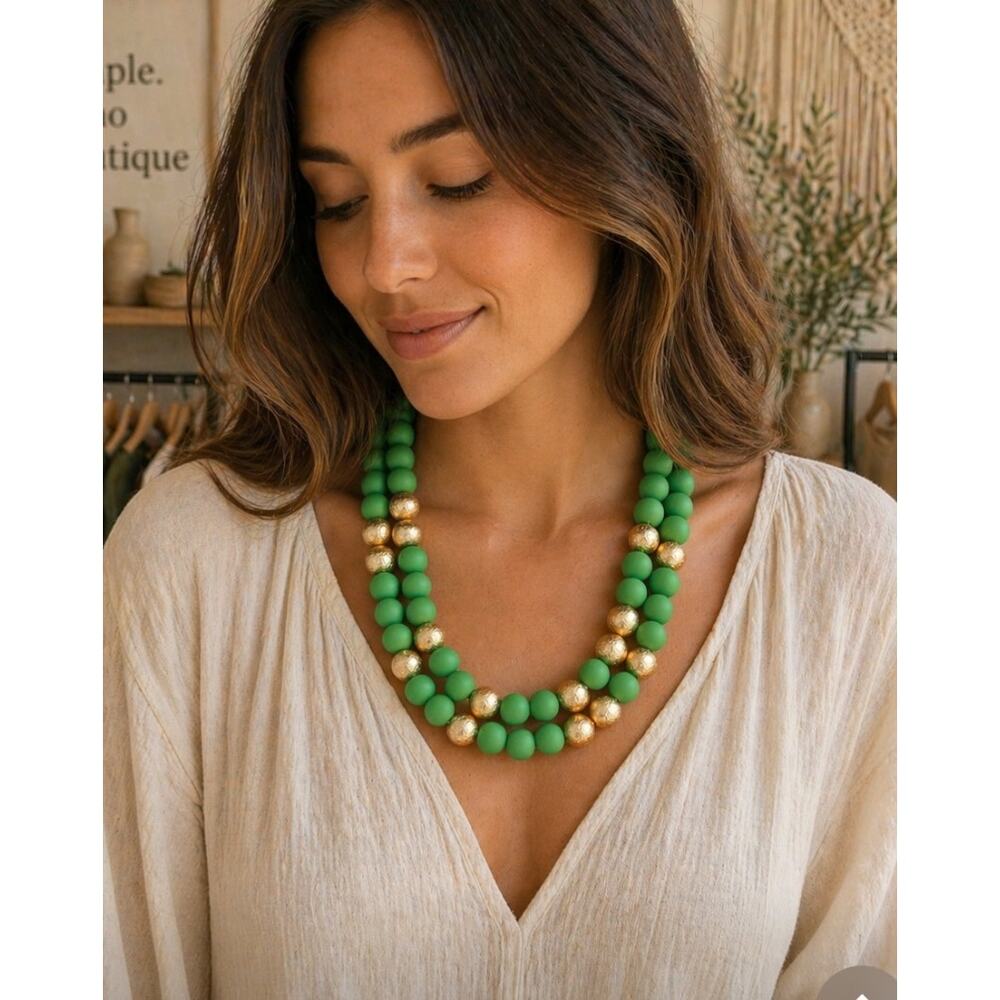 Green Gold Beaded Layered Necklace New